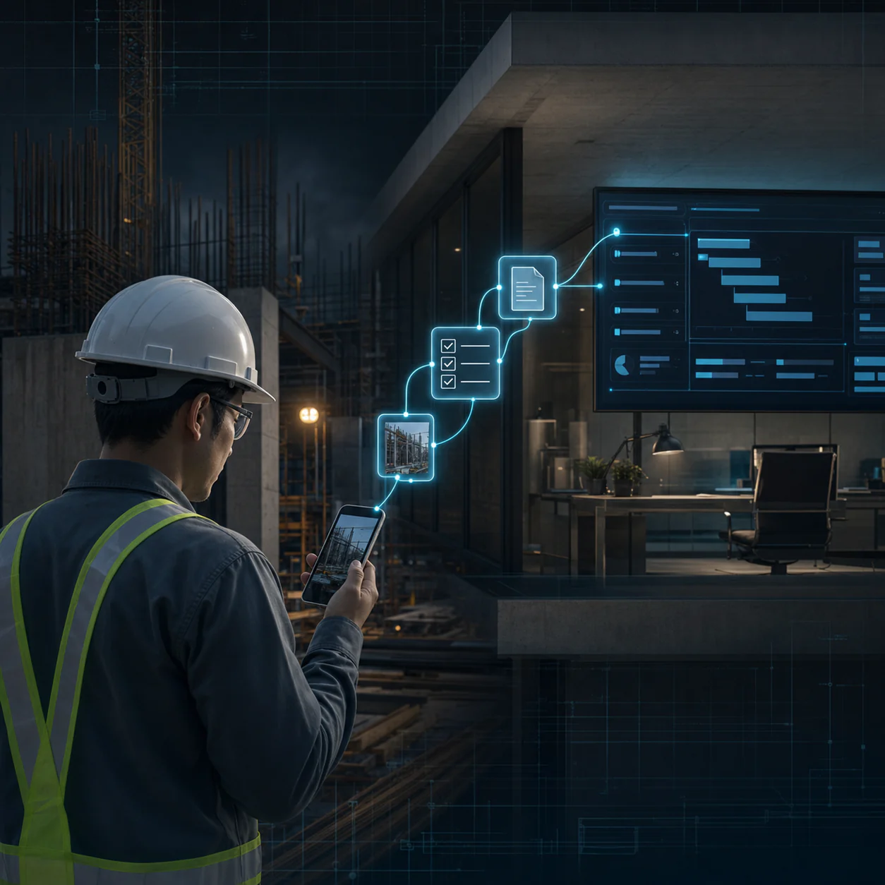 A construction field engineer sends a site update into an organized office project system.