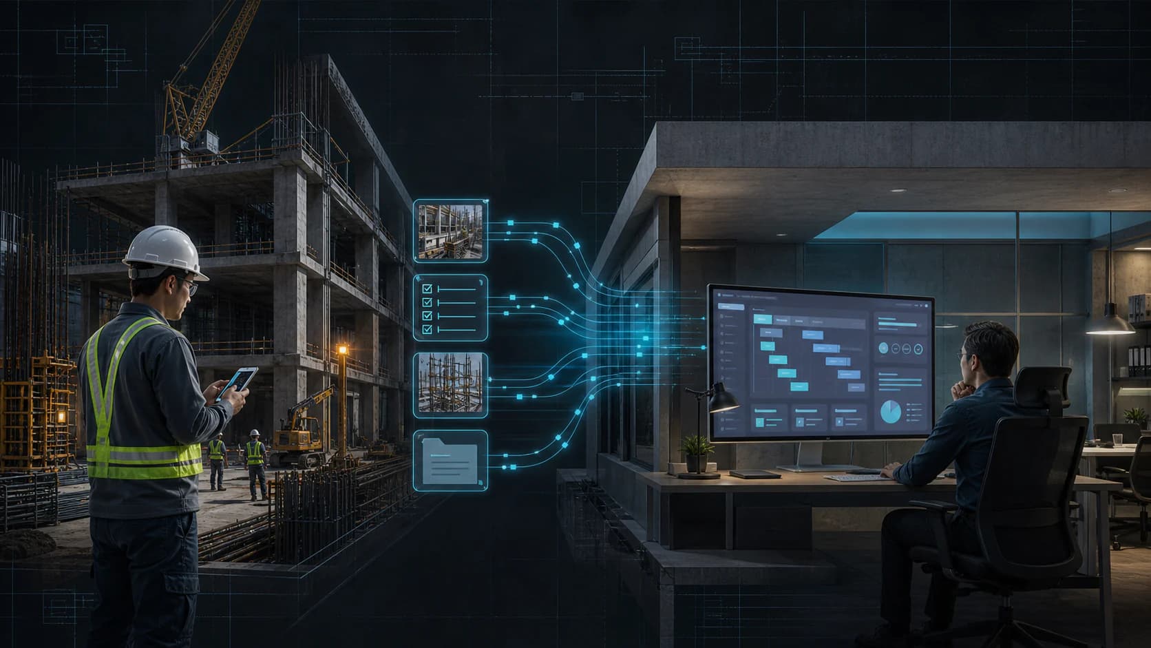 A field engineer captures construction updates that flow into an office project dashboard.