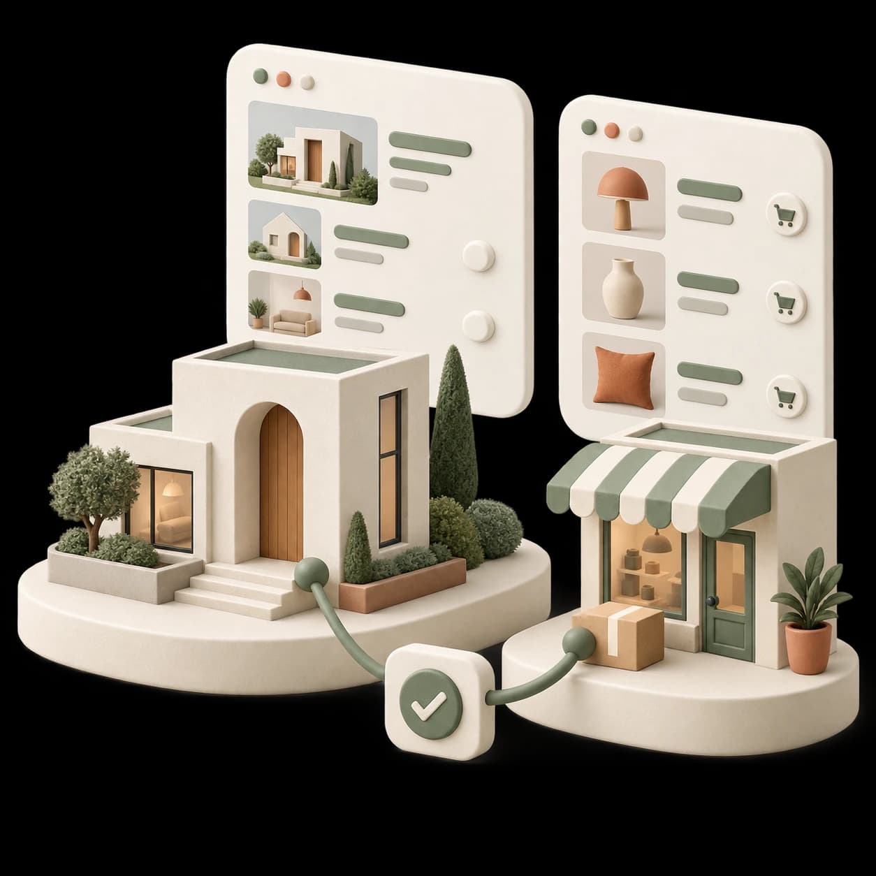 Illustration of a property and an online shop connected to their software and order workflow