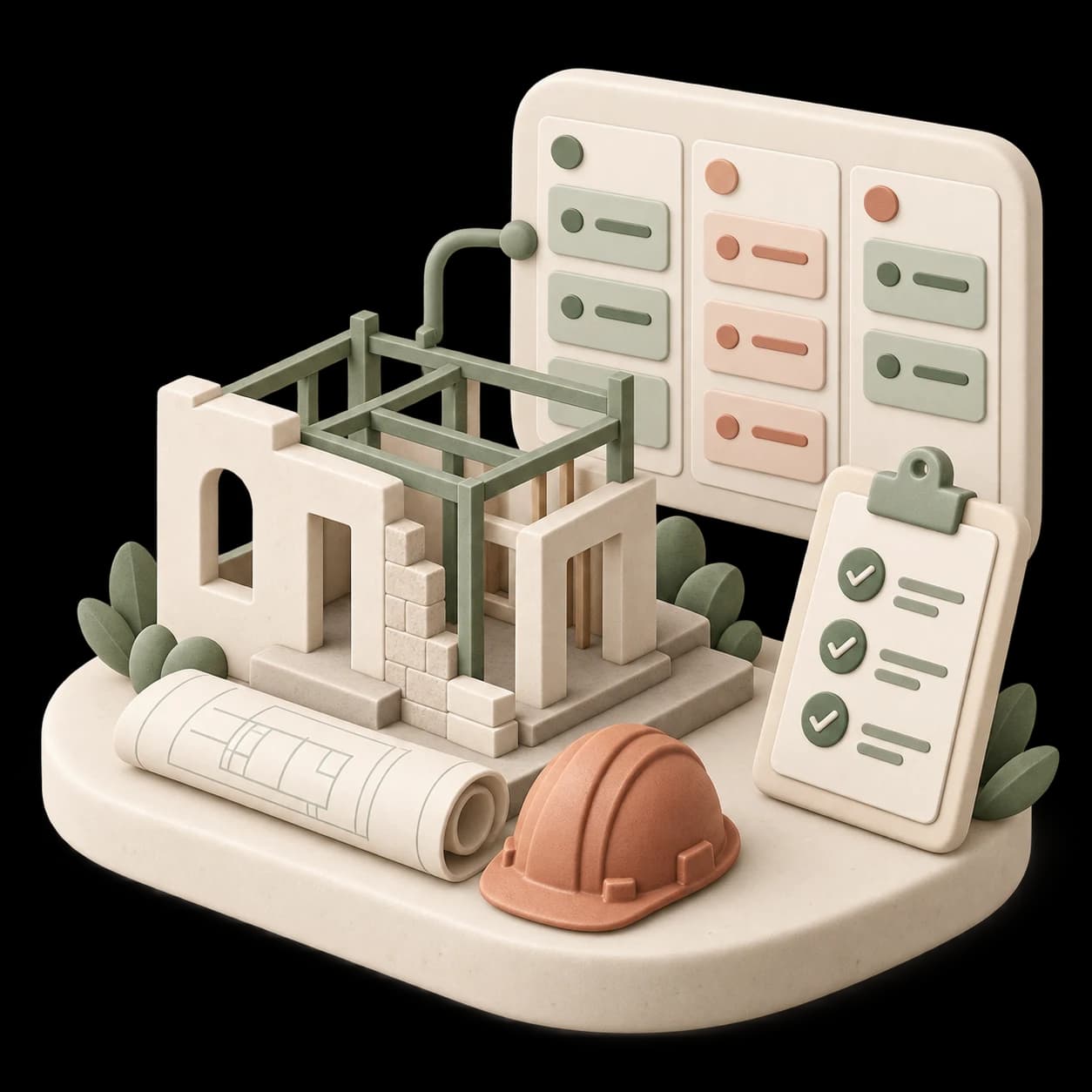 Illustration of a construction project connected to tasks and progress tracking