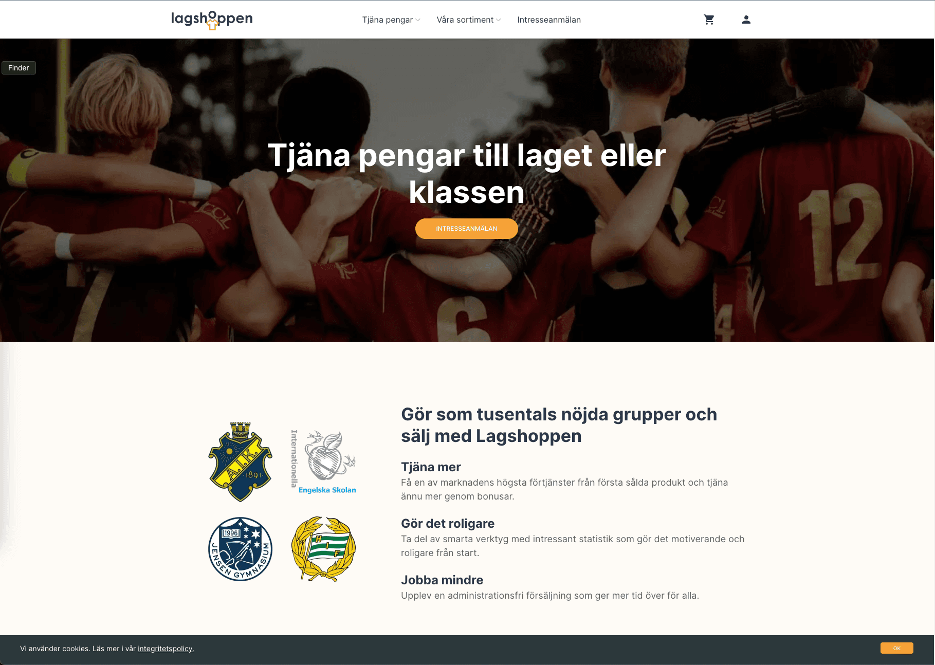 Lagshoppen homepage showing online selling for teams and groups